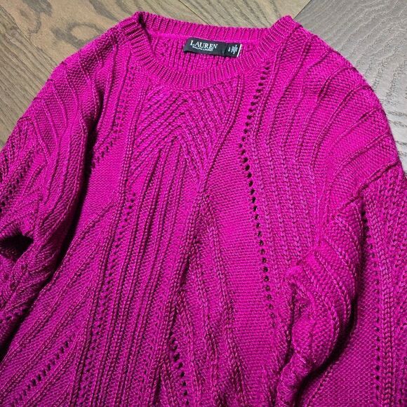 Ralph Lauren Pointelle Knit Cotton Blend Sweater in Fuchsia Berry Pink - Picture 6 of 14